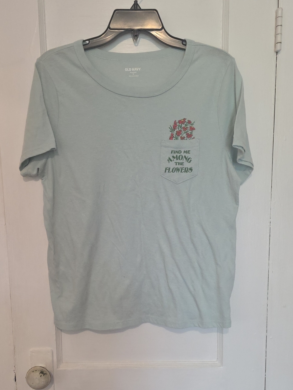 Old Navy Sage Green Pocket Tee with Red Floral Accent